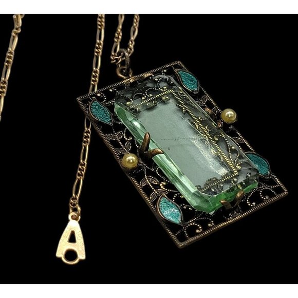 Artistry Green Glass Filigree Framed Pendant Necklace Enamel & Faux Pearl Accent - Picture 12 of 16